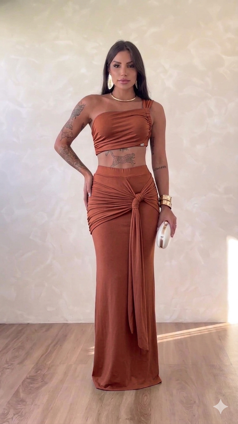 Set Coordinato "Goddess" – Top Monospalla e Gonna Lunga Drappeggiata