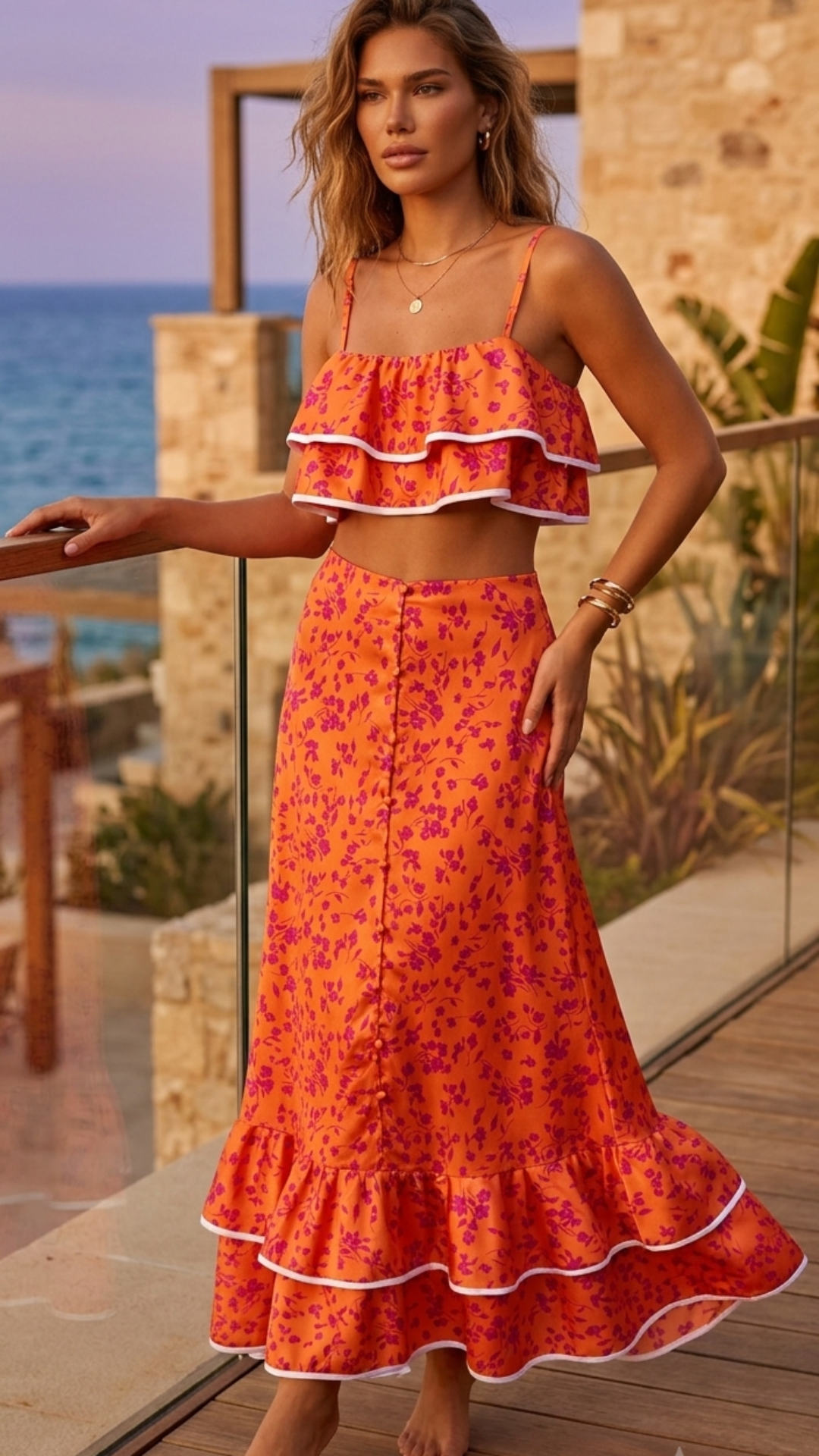Coordinato Florentina - Crop Top con Balze & Gonna Longuette con Bottoni