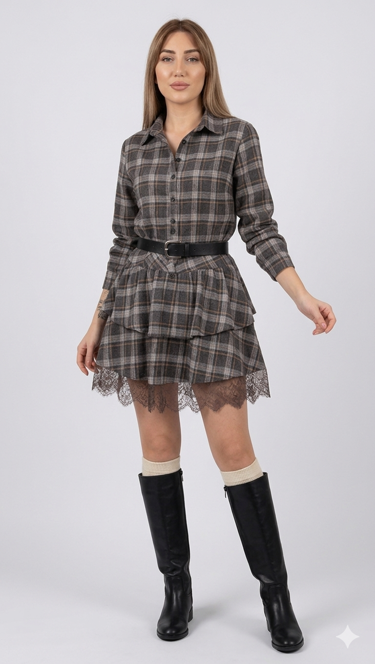 Abito Chemisier Tartan con Balze