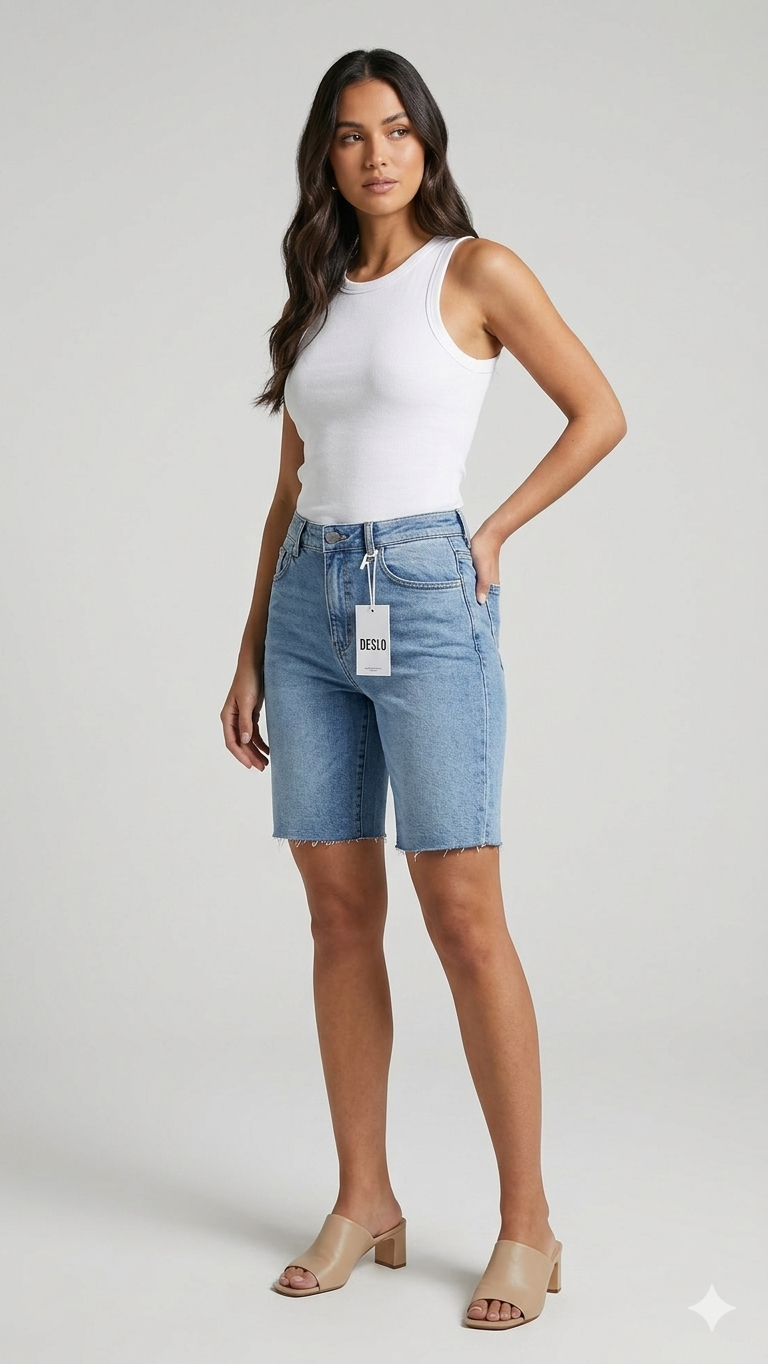 Bermuda in Denim High-Waist con Orlo a Taglio Vivo