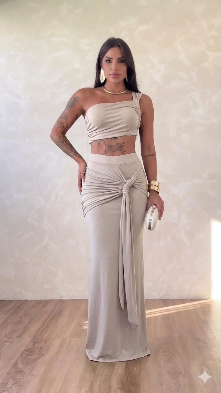 Set Coordinato "Goddess" – Top Monospalla e Gonna Lunga Drappeggiata