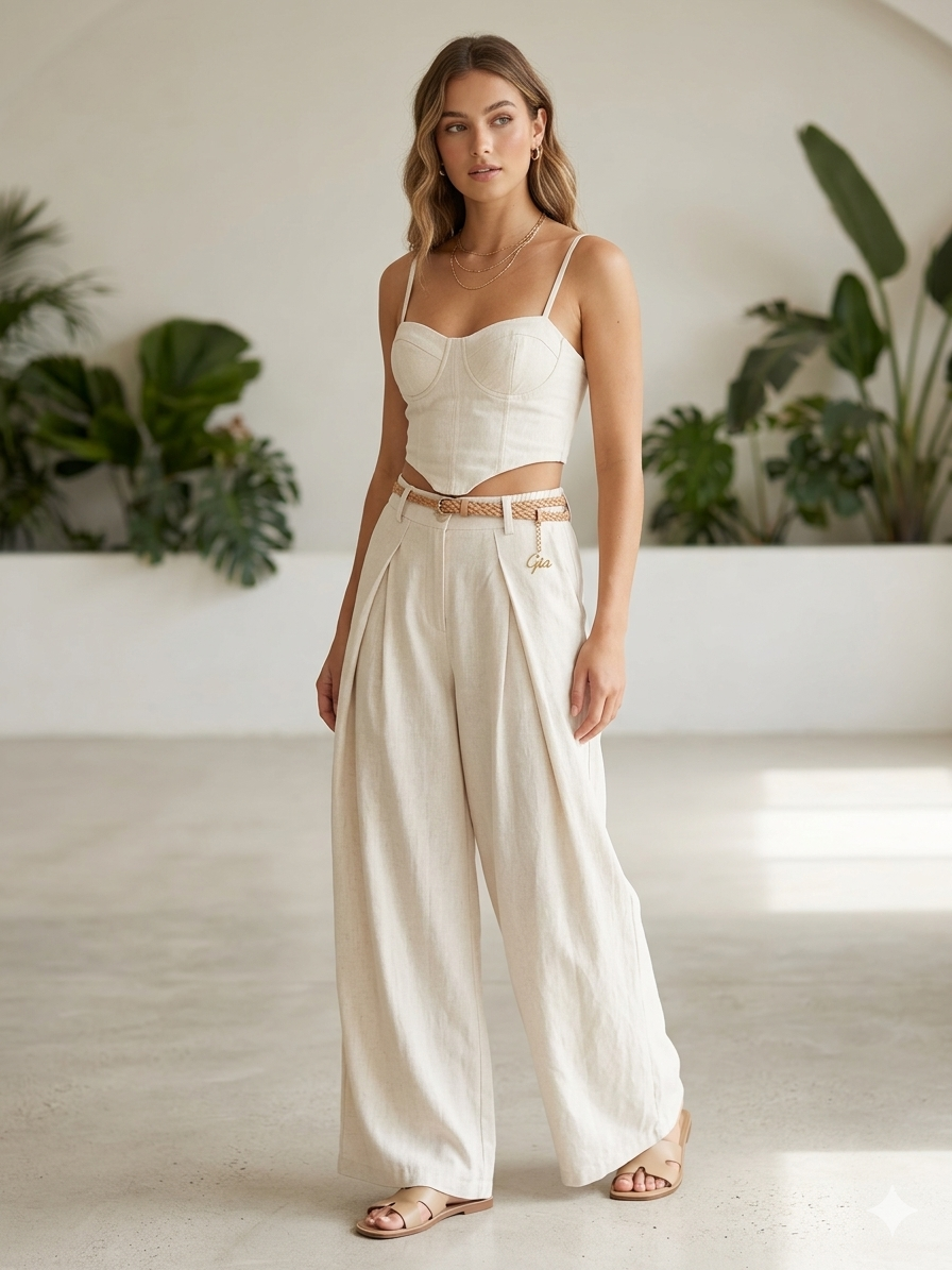 Coordinato "Pure Linen Feel" – Top Corsetto e Pantalone Wide Leg