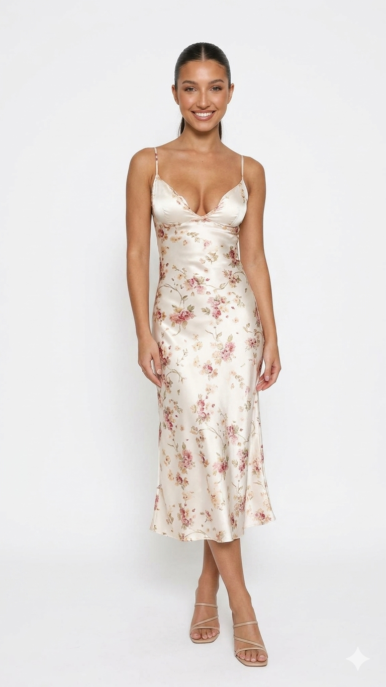 Vestito Midi Floreale con Dettagli in Pizzo
