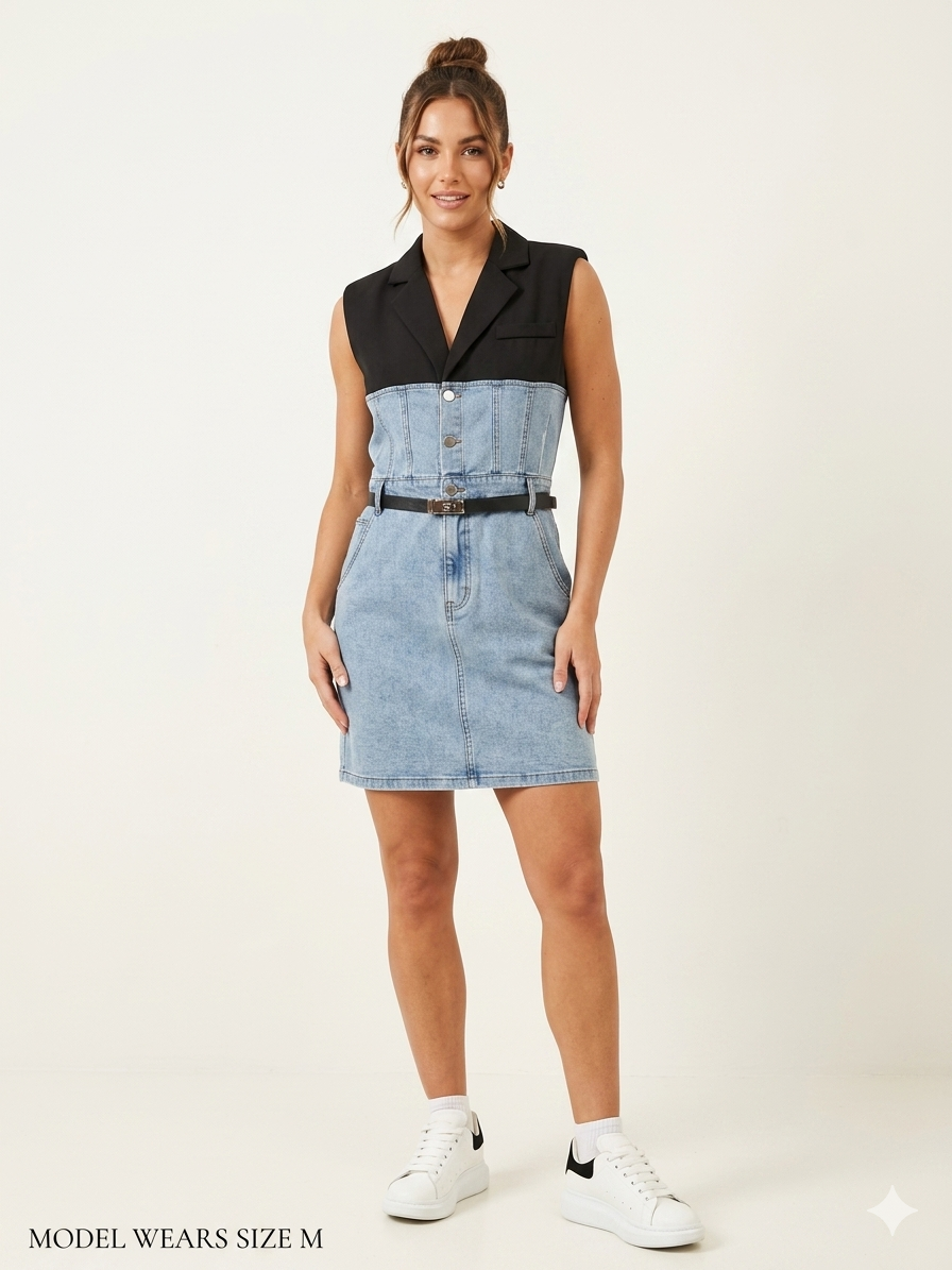 Vestito Mini Combo Denim e Blazer con Cintura