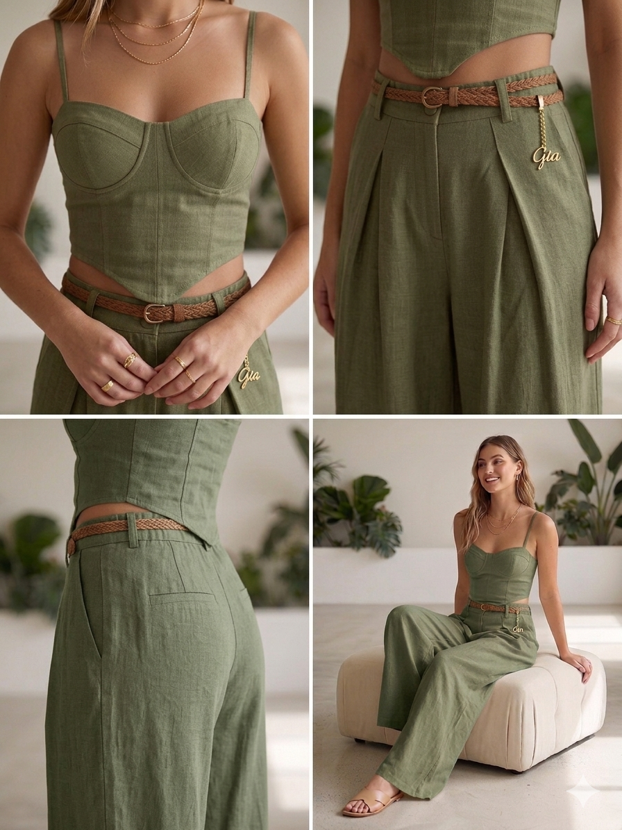 Coordinato "Pure Linen Feel" – Top Corsetto e Pantalone Wide Leg