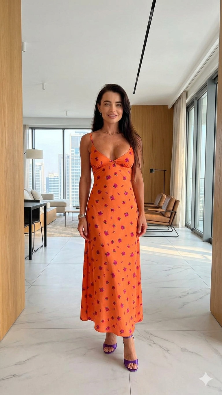Vestito Lungo Satinato a Motivo Floreale – Eleganza Fluida