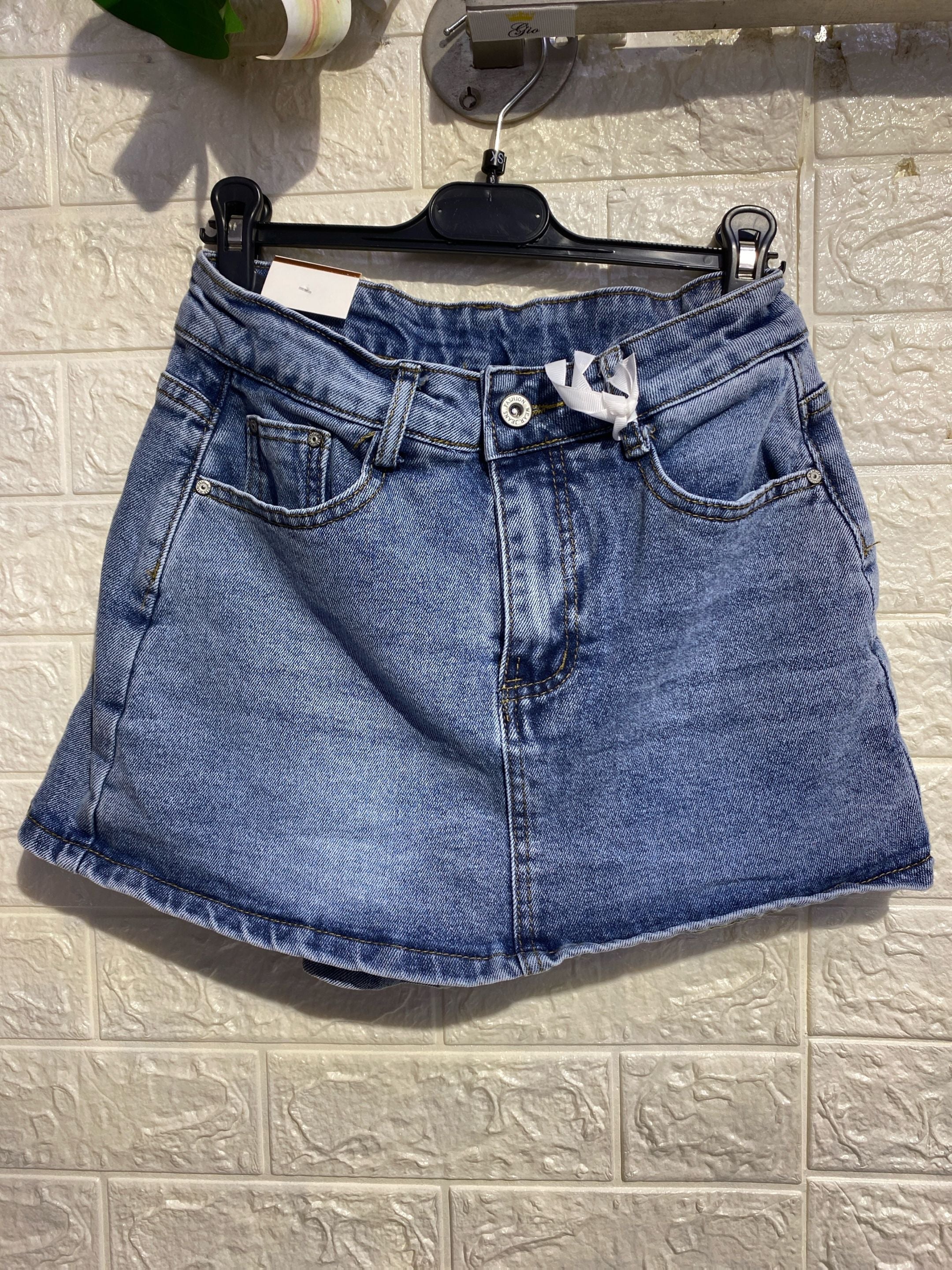 Pantagonna Denim Stretch con Allacciatura Asimmetrica - Light Blue