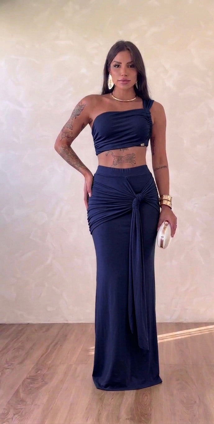 Set Coordinato "Goddess" – Top Monospalla e Gonna Lunga Drappeggiata