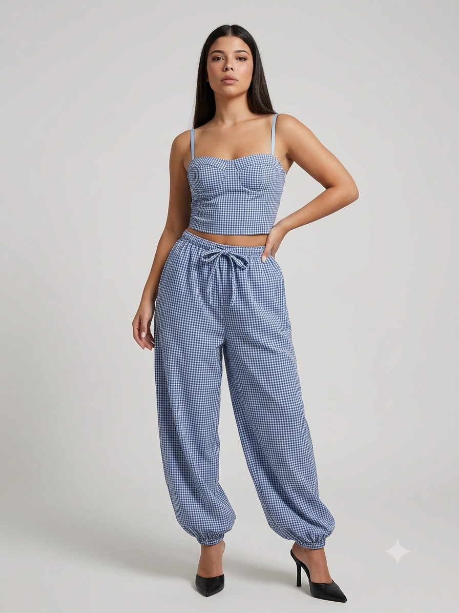 Coordinato "Gingham Chic" – Top Bustier & Pantalone Jogger