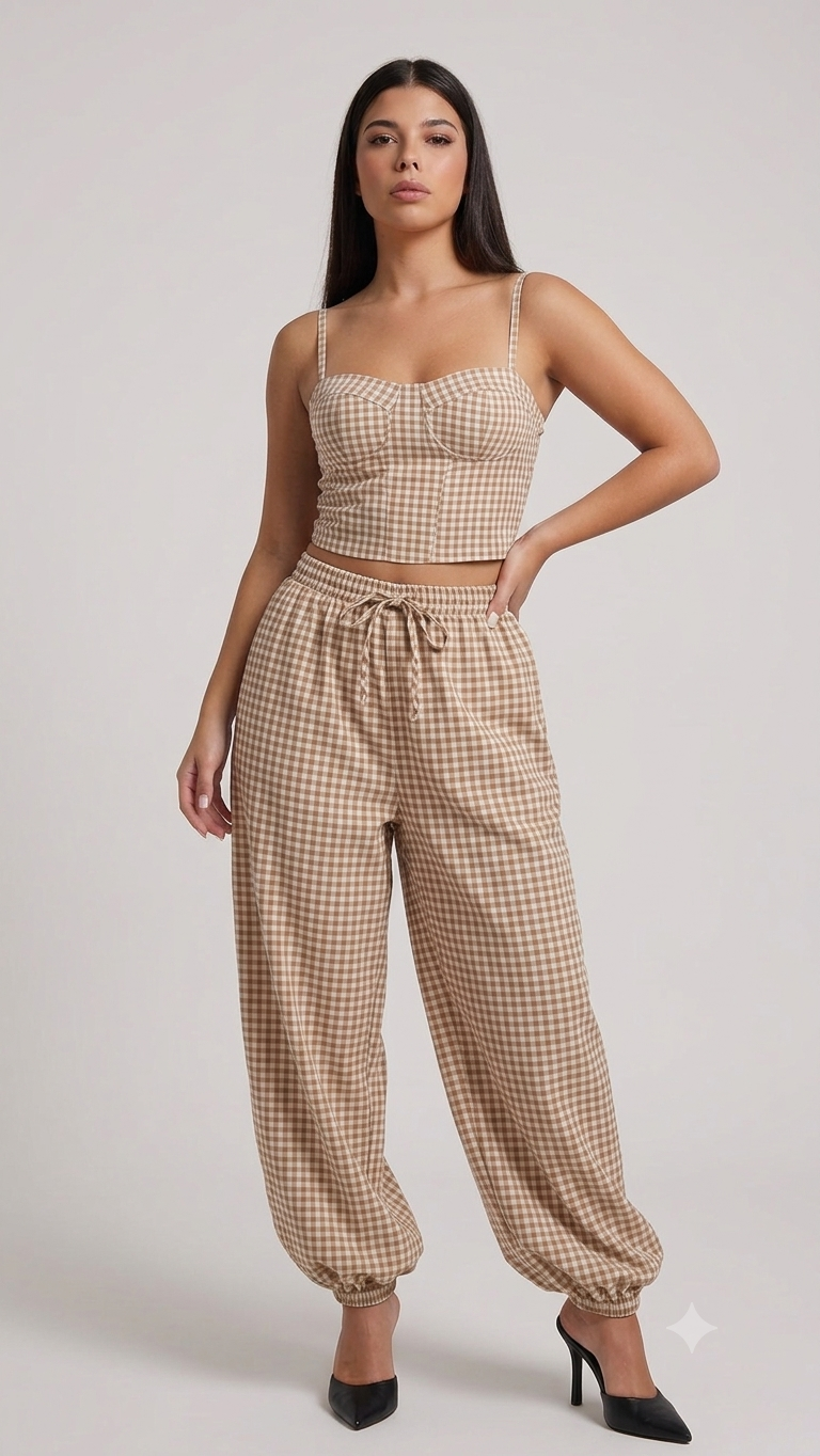 Coordinato "Gingham Chic" – Top Bustier & Pantalone Jogger
