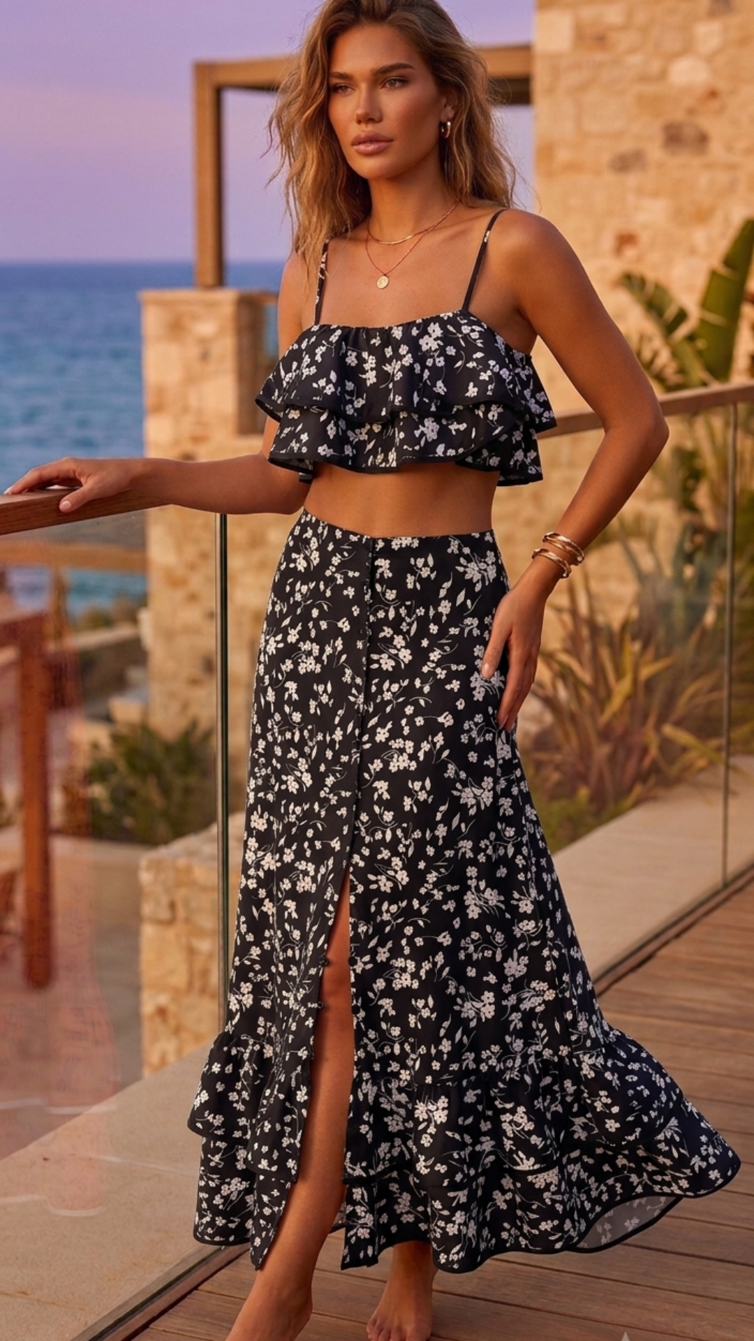 Coordinato Florentina - Crop Top con Balze & Gonna Longuette con Bottoni