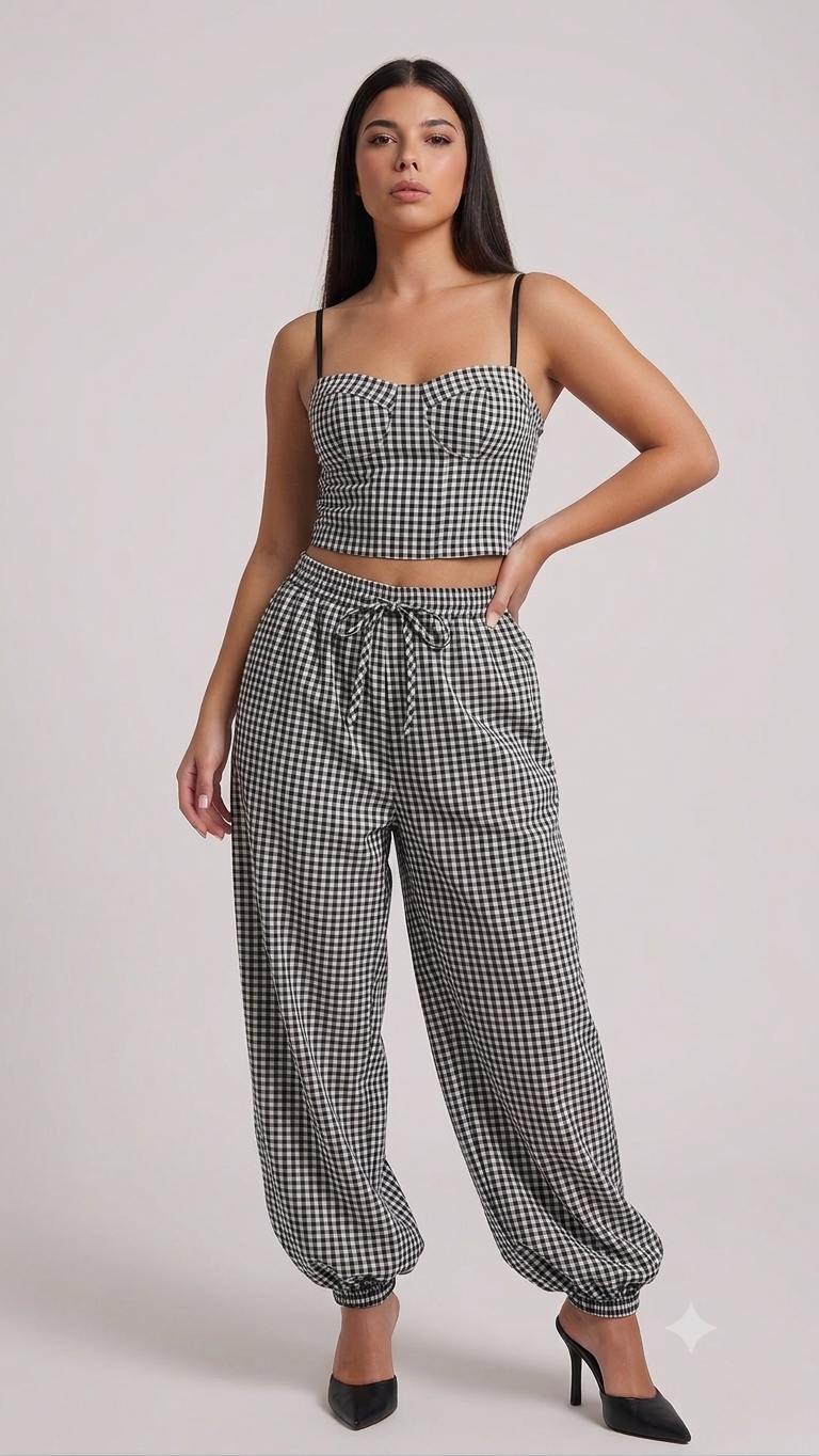 Coordinato "Gingham Chic" – Top Bustier & Pantalone Jogger