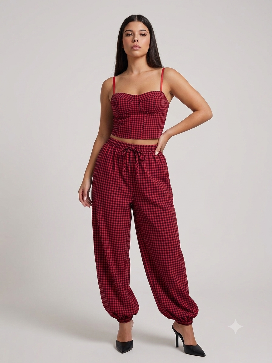 Coordinato "Gingham Chic" – Top Bustier & Pantalone Jogger