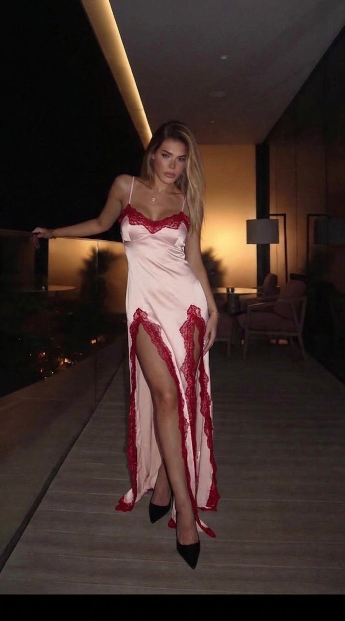 Maxi Abito Sottoveste in Satin con finiture in pizzo