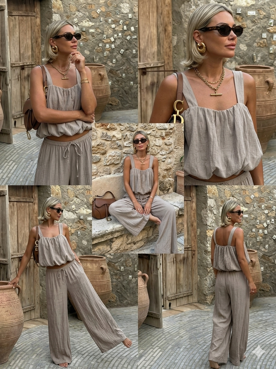 Coordinato "Summer Breeze" – Top Bubble e Pantaloni Wide Leg