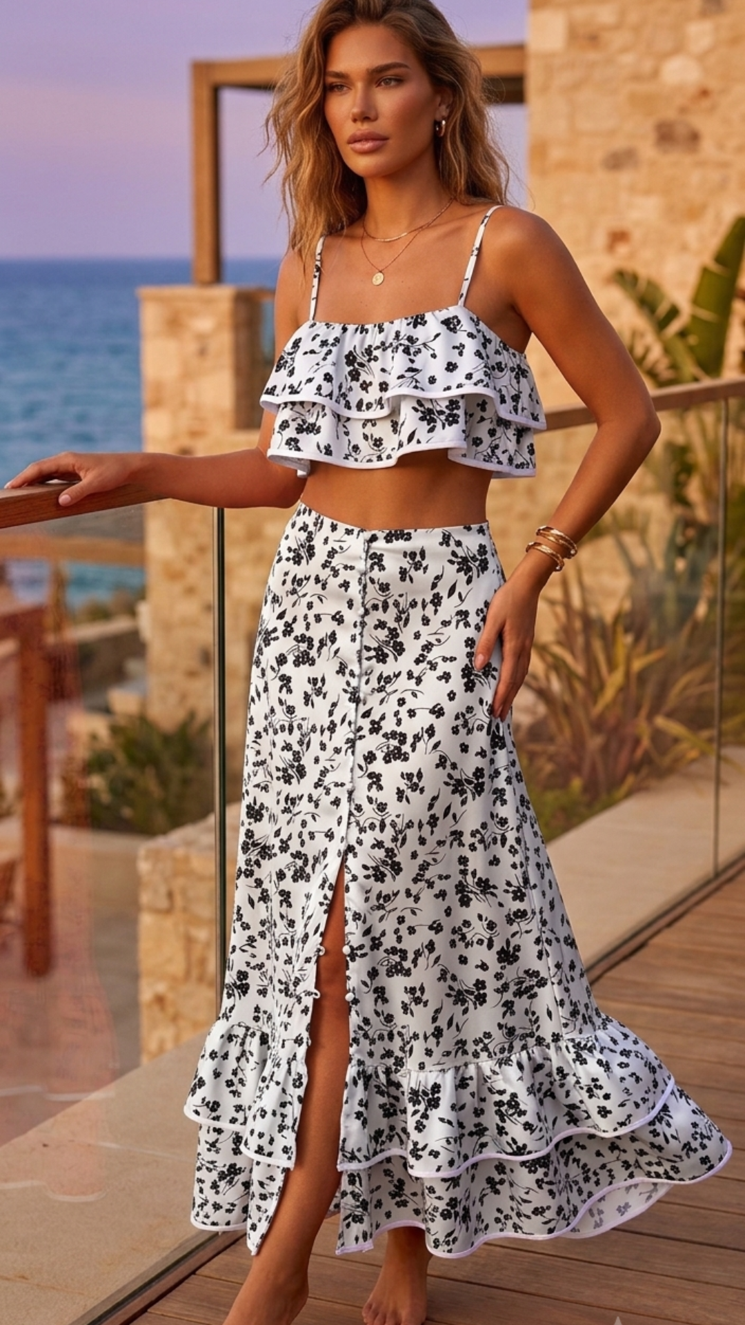 Coordinato Florentina - Crop Top con Balze & Gonna Longuette con Bottoni