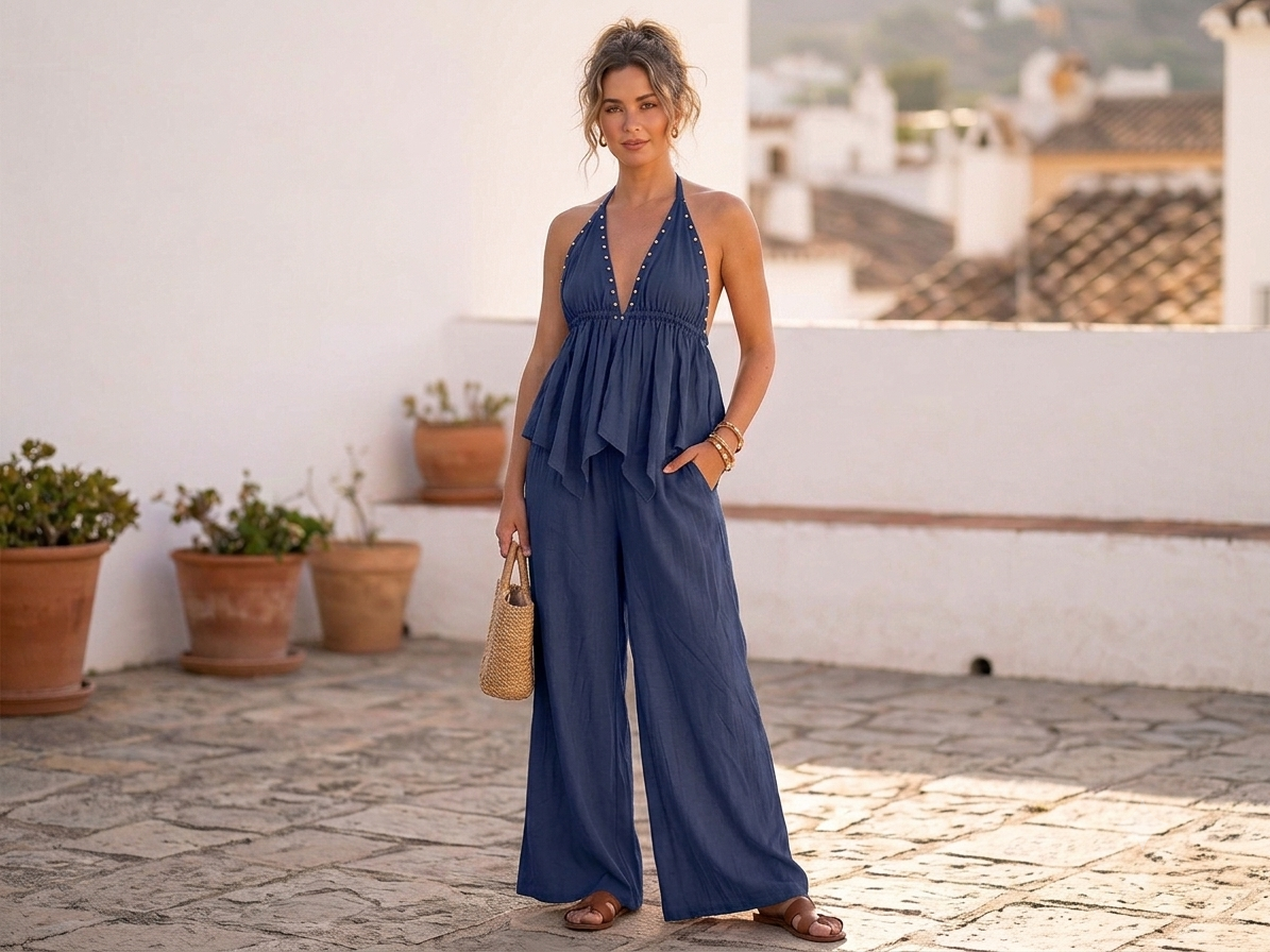 Coordinato Estivo "Brezza Mediterranea" – Top Halter e Pantalone Wide-Leg