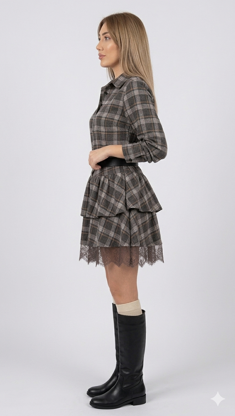 Abito Chemisier Tartan con Balze