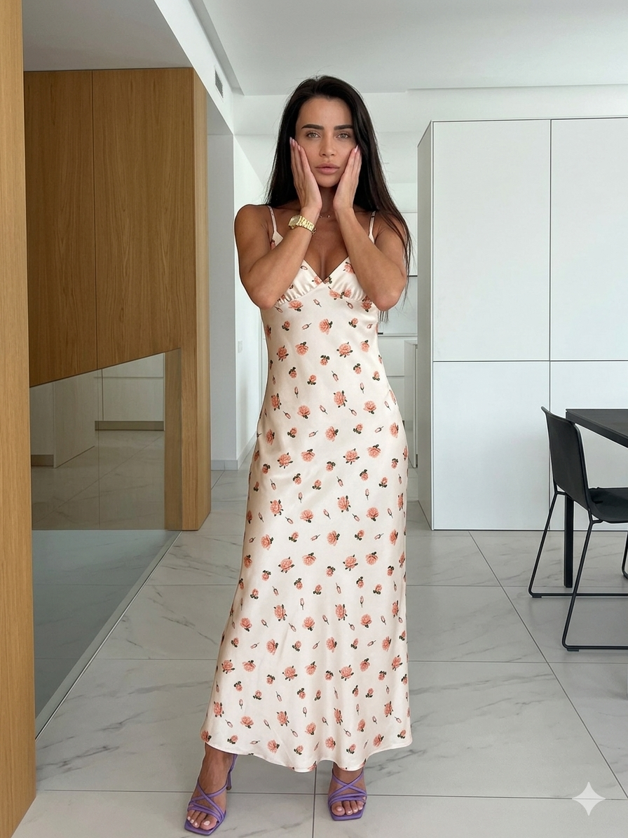 Vestito Lungo Satinato a Motivo Floreale – Eleganza Fluida
