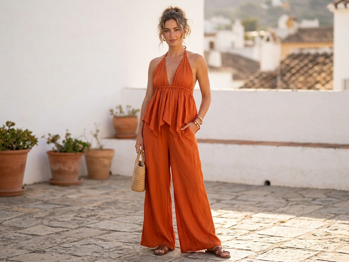Coordinato Estivo "Brezza Mediterranea" – Top Halter e Pantalone Wide-Leg