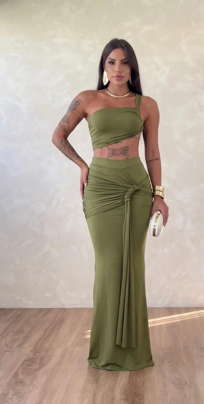 Set Coordinato "Goddess" – Top Monospalla e Gonna Lunga Drappeggiata